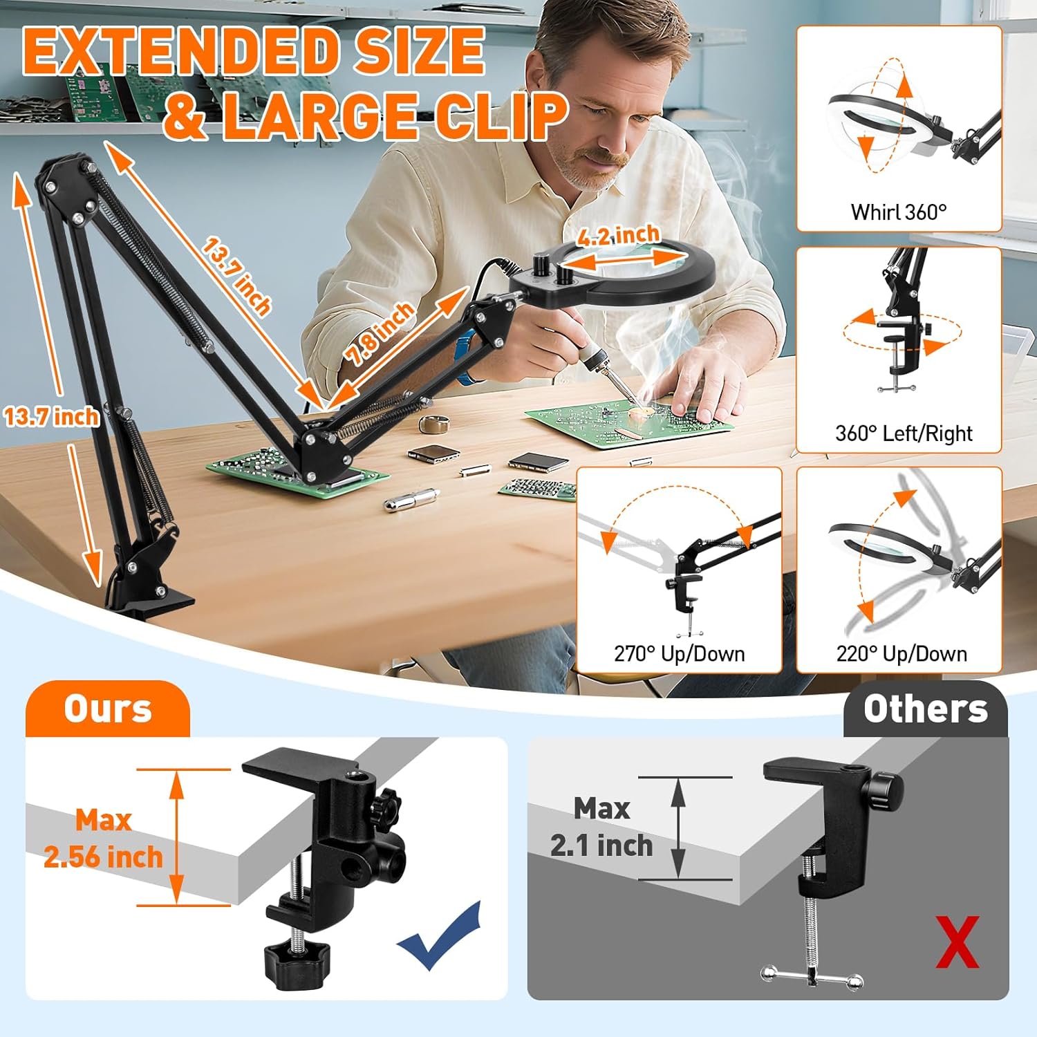 KIRKAS 12X Magnifying Glass with Light and Clamp, Extra-Long Arm Magnifying Lamp Overhead Knob for Workbench Craft Repair Sewing, LED Lighted Magnifier Real Glass Lens Stepless Dimming and Color
